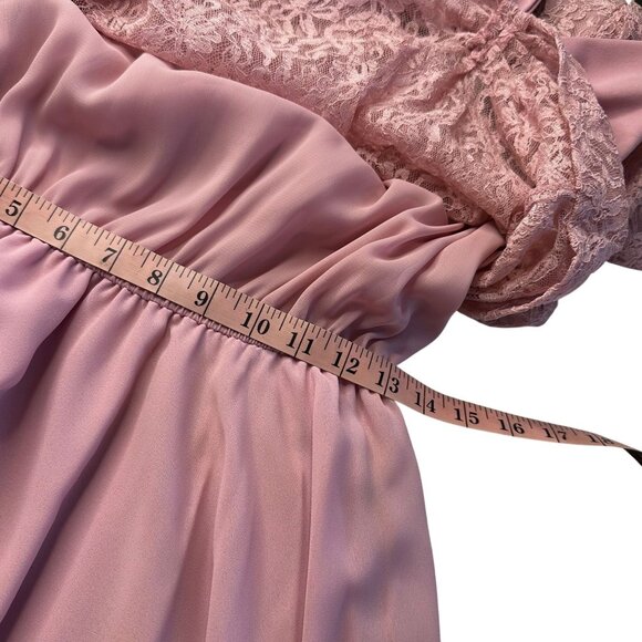 Vintage Pink Lace Dress Sheer Sleeves Bow 80s Party Prom Size 12 - Picture 11 of 12